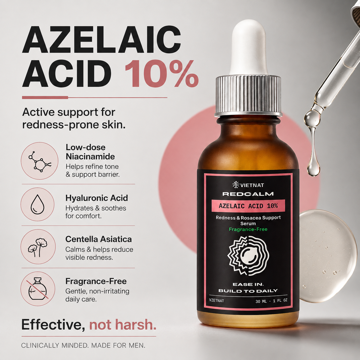 VIETNAT REDCALM Azelaic Acid 10% Serum for Men - Redness & Rosacea Support Face Serum with Niacinamide & Centella, Fragrance-Free for Sensitive Skin, 1 fl oz