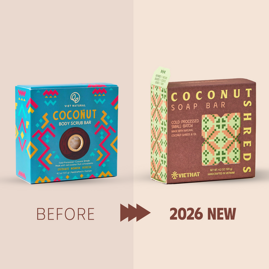 VIETNAT Coconut Shreds Soap Bar 4.2 oz (120g) 2-in-1 Exfoliating Body Soap for Dry, Rough & Strawberry Skin Texture - Creamy Coconut Lather - Cold Process Handmade in Vietnam