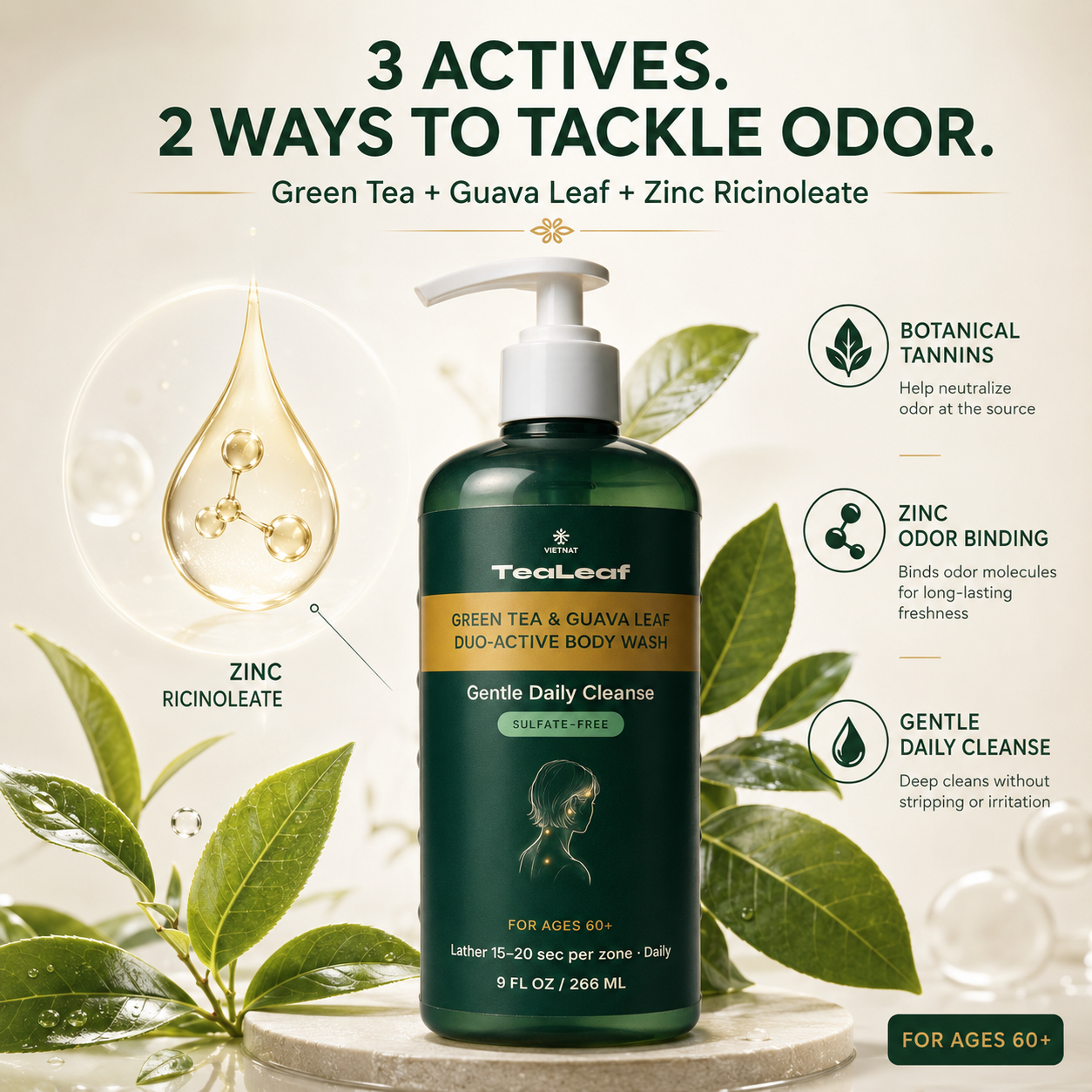 VIETNAT TeaLeaf Body Wash with GREEN TEA & GUAVA LEAF - DUO-ACTIVE | for Ages 60+, 9 FL OZ / 266 ML
