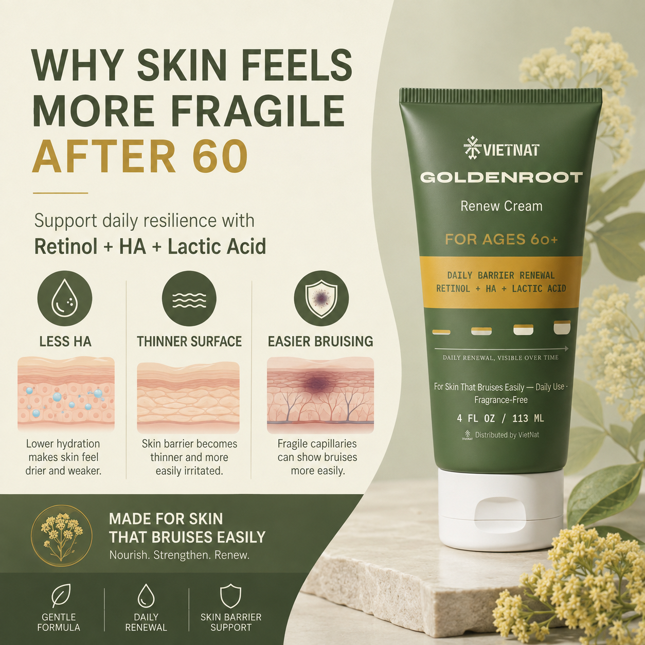 VIETNAT GoldenRoot Renew Cream For Ages 60+ | For Skin That Bruises Easily with Retinol + HA + Lactic Acid| 4 FL OZ / 113 ML