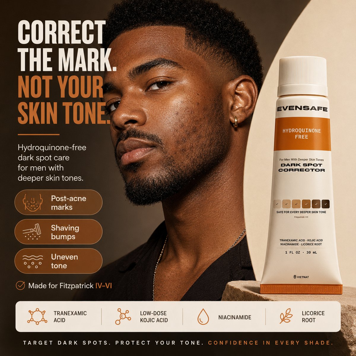 VIETNAT EvenSafe Dark Spot Corrector for Men, Hydroquinone-Free | Tranexamic Acid + Kojic Acid + Niacinamide Serum for Deeper Skin Tones