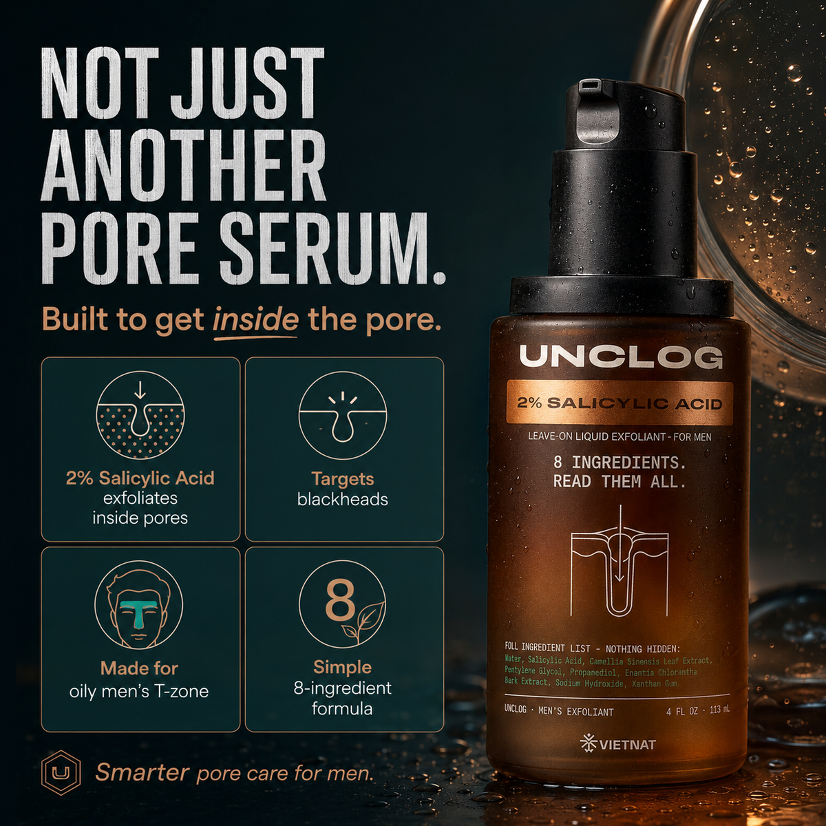 VIETNAT UNCLOG Men's 2% Salicylic Acid Liquid Exfoliant | Daily Pore Treatment for Men, Oil Control & Acne-Prone Skin, 4 Fl Oz