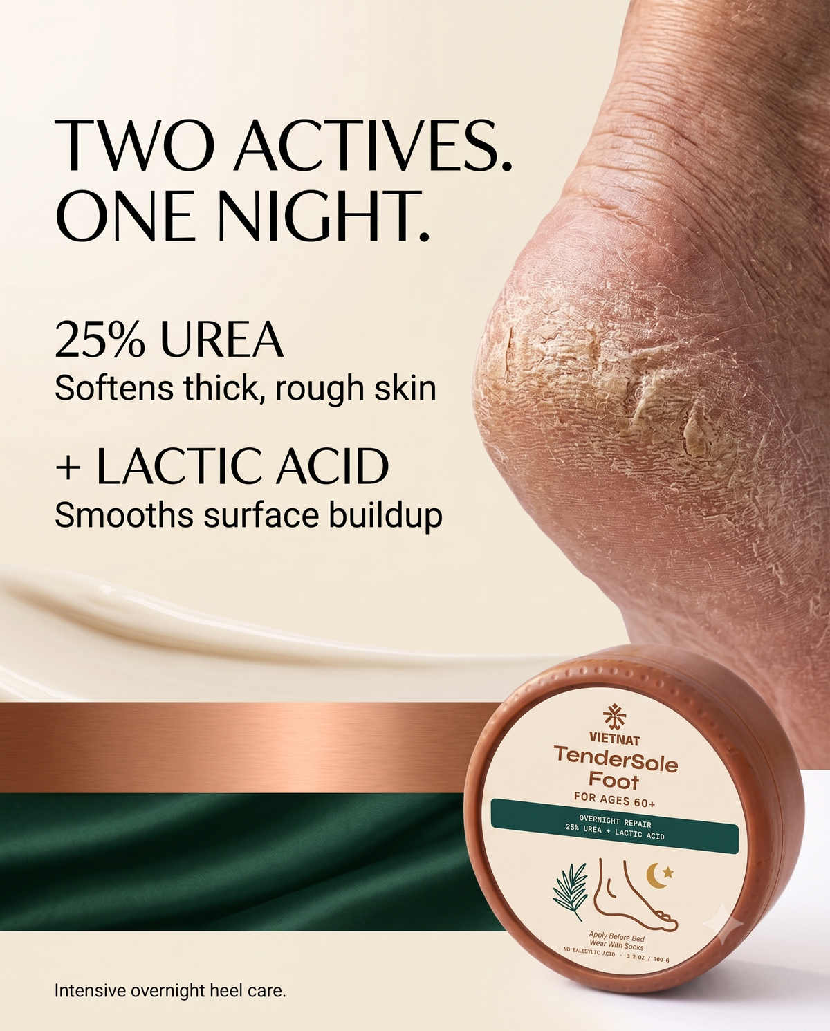 VIETNAT TenderSole Overnight Repair Balm for Ages 60+| For heavily dry and cracked-looking heels with Urea + Lactic Acid + Shea Butter + Vietnamese Coconut Oil| 3.5 OZ / 100 G