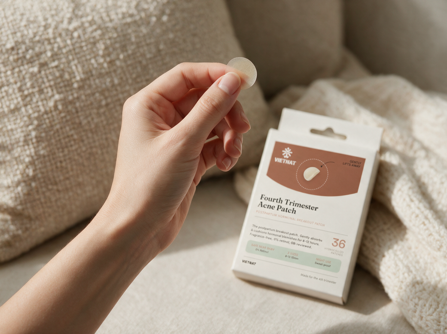 VIETNAT Fourth Trimester Patch — Hydrocolloid Acne Patches, 0% Retinol, 0% Medicated Actives, for Postpartum Hormonal Breakouts | 3 Sizes, 36 Count