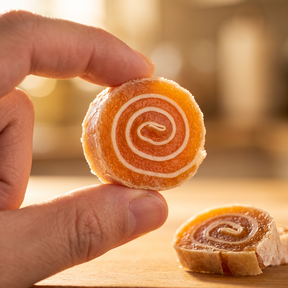 Holding a VietNat apricot roll up to the light