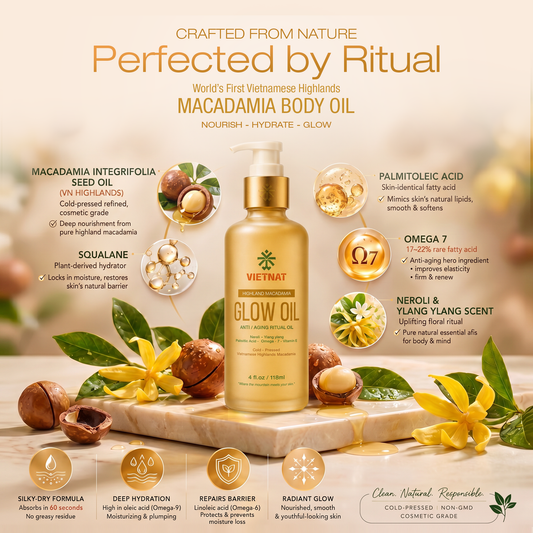 VIETNAT Vietnamese Highlands Macadamia Body Oil – Firming Anti-Aging After Shower Oil for Women – Neroli & Ylang Ylang Scent – Non-Greasy Moisturizing Glow Oil