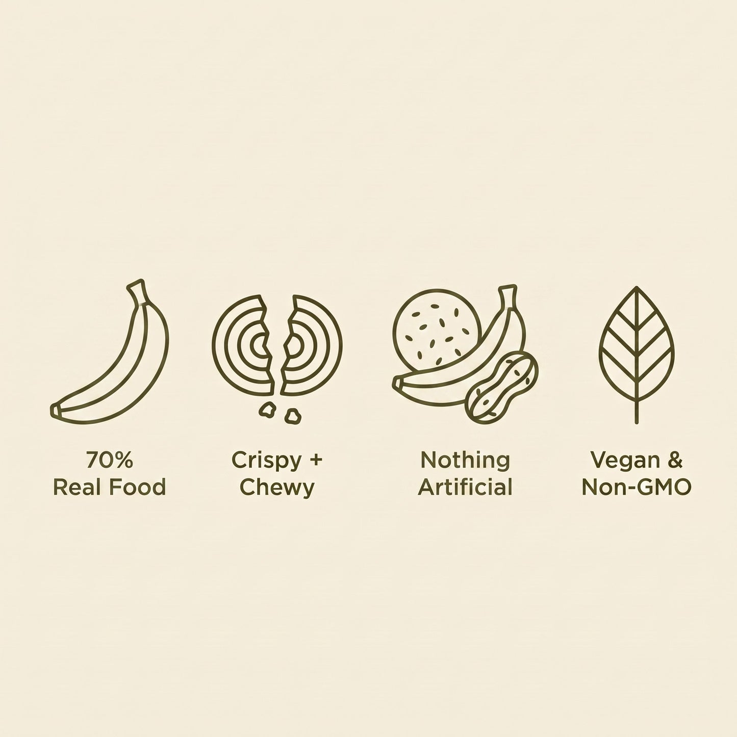 70% real food, crispy and chewy, vegan and non-GMO, contains peanuts and sesame
