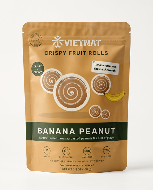 VietNat Crispy Banana Peanut Fruit Rolls 3.5 oz pouch, front
