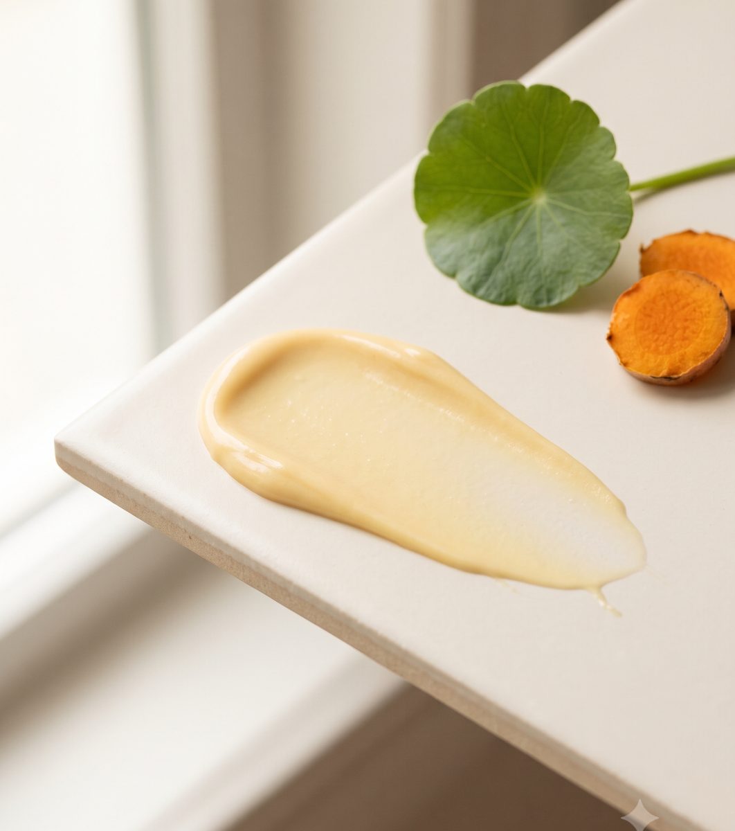 A swatch of the pale golden cream on a ceramic tile beside a centella leaf and two slices of Vietnamese turmeric