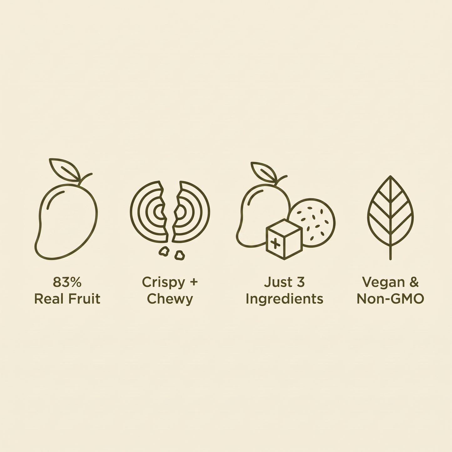 83% real fruit, crispy and chewy, just 3 ingredients, vegan and non-GMO