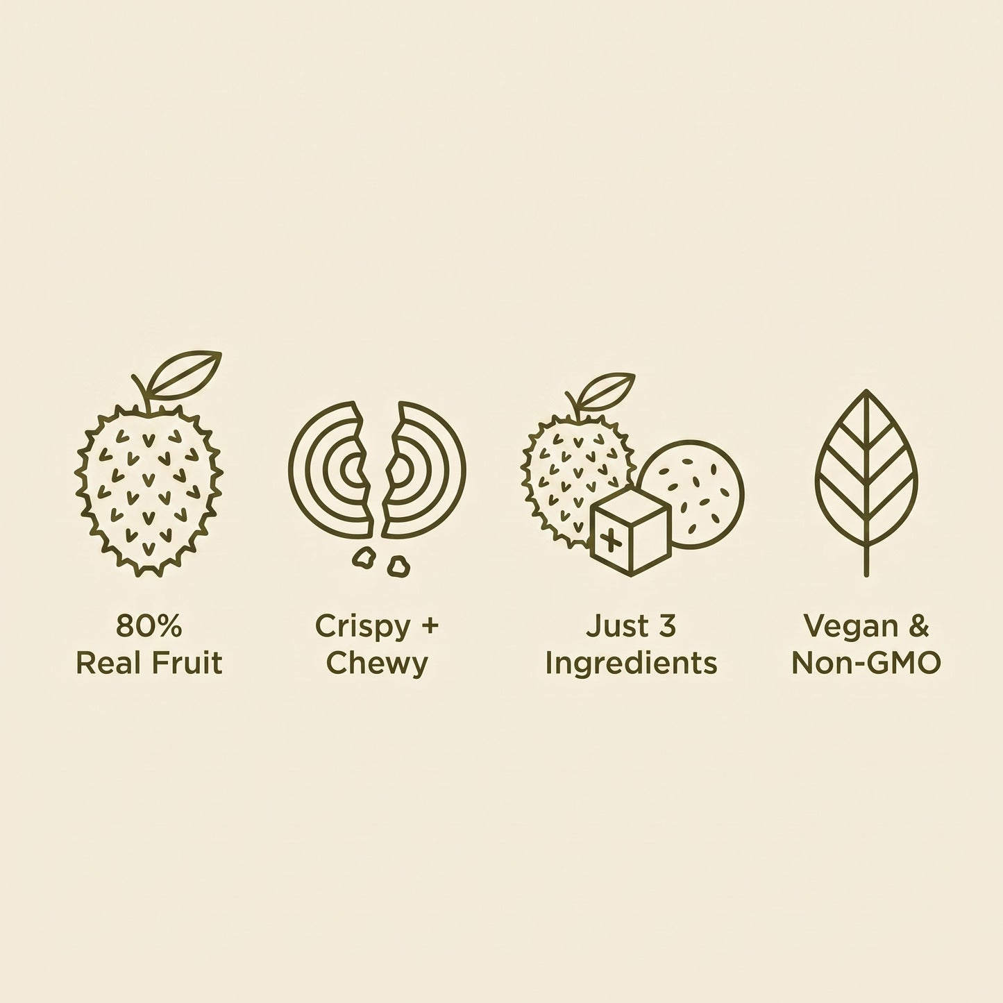 80% real fruit, crispy and chewy, 3 ingredients, vegan and non-GMO