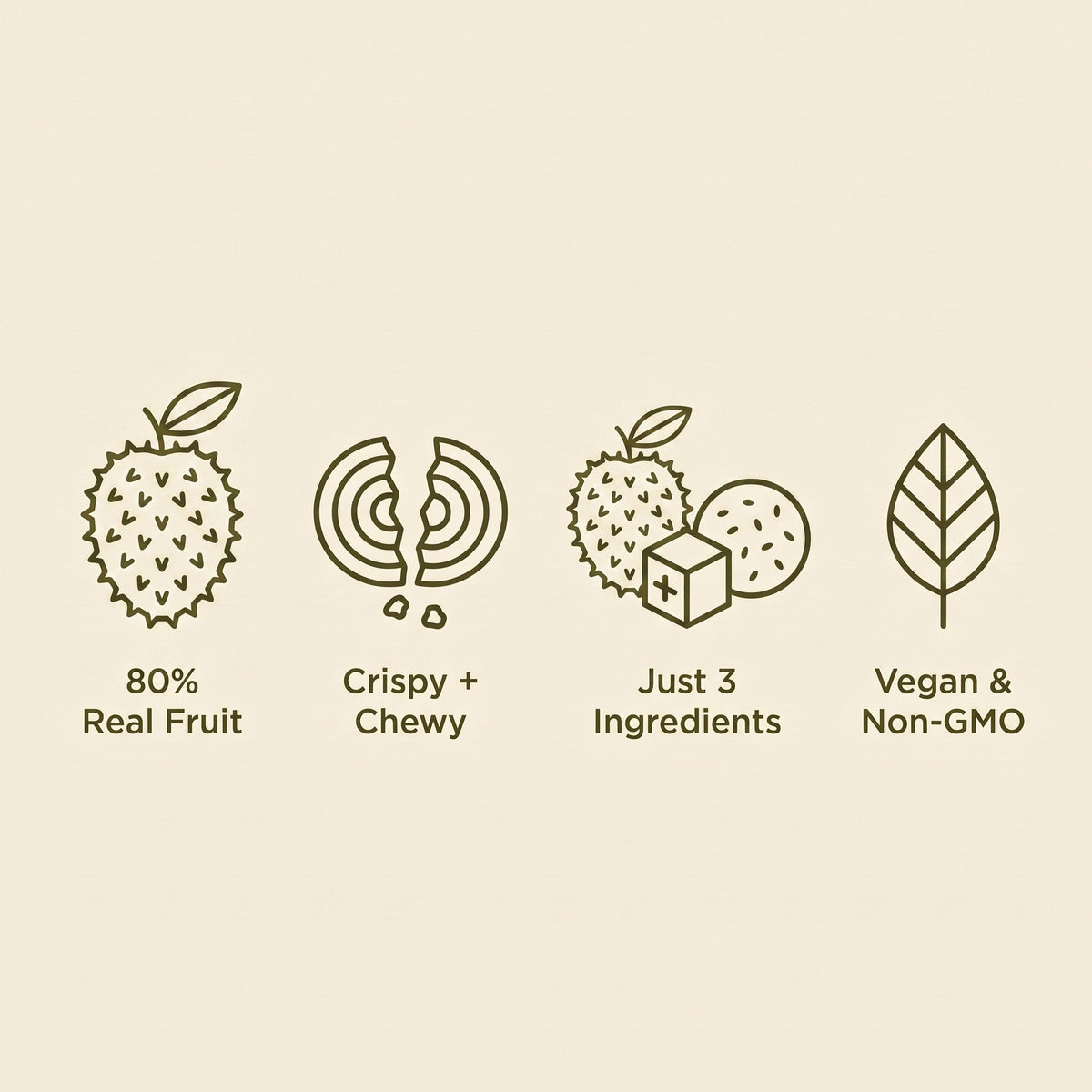 80% real fruit, crispy and chewy, 3 ingredients, vegan and non-GMO
