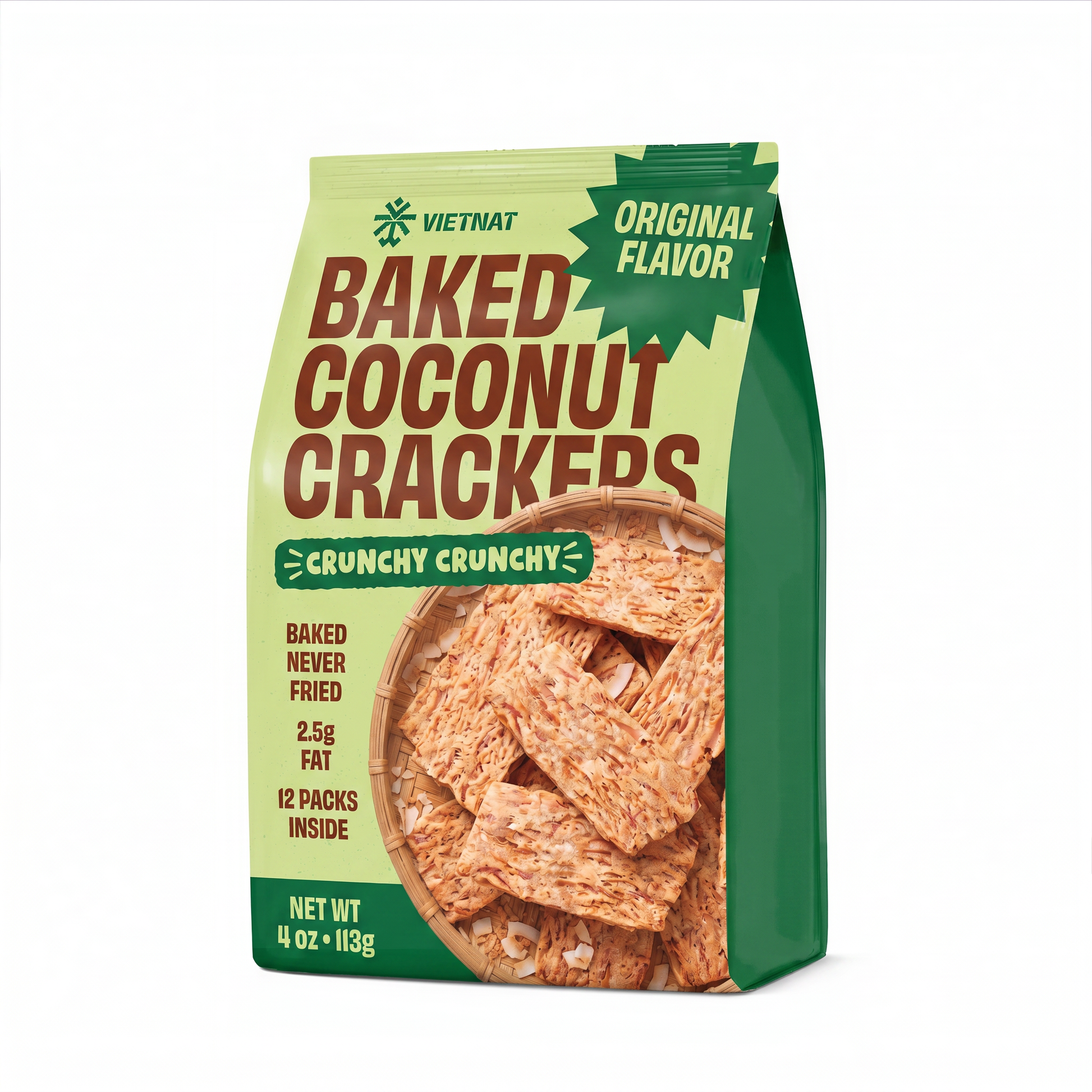 VIETNAT Baked Coconut Crackers Original 4 oz bag, three-quarter view
