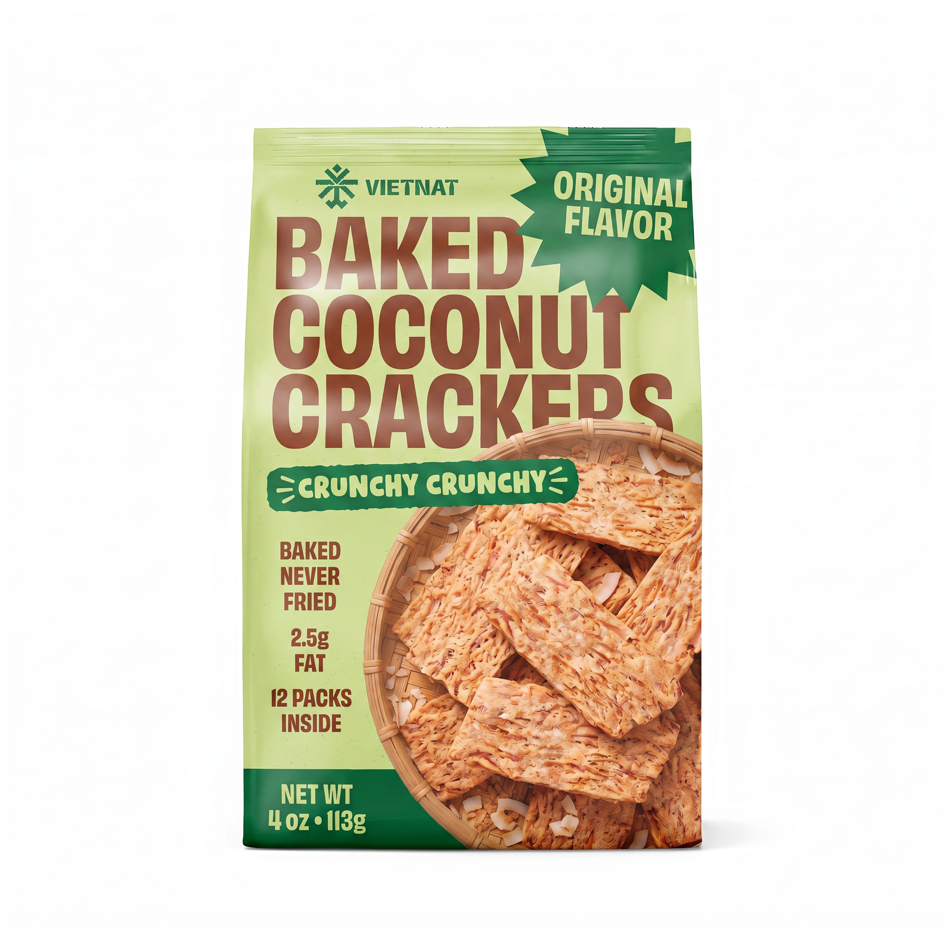 VIETNAT Baked Coconut Crackers Original bag front, net weight 4 oz, 12 packs inside