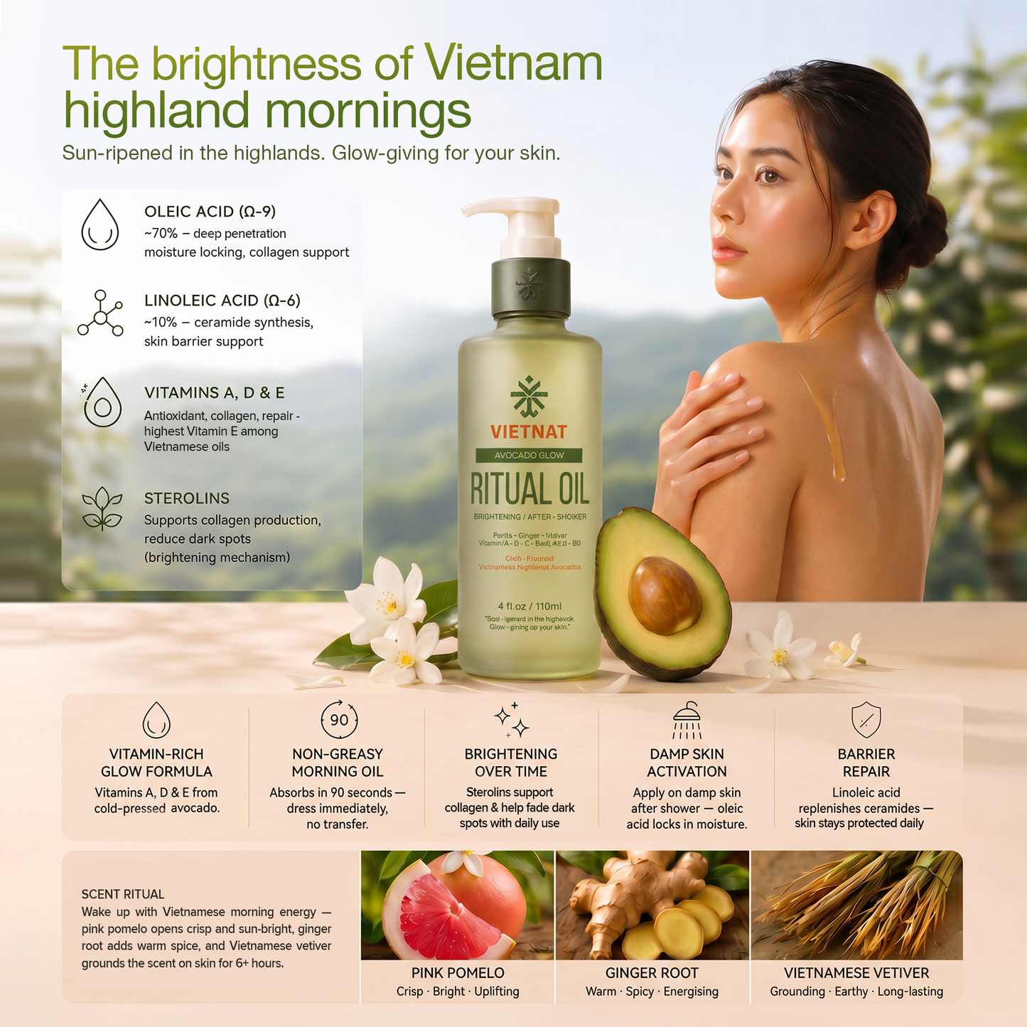 VIETNAT Vietnamese Avocado Glow Body Oil – Brightening After Shower Oil for Women – Pink Pomelo & Ginger Scent – Non-Greasy Moisturizing Ritual Oil