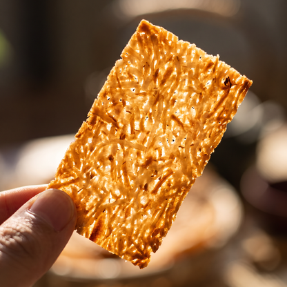 Close-up of a single baked coconut cracker showing shredded coconut texture