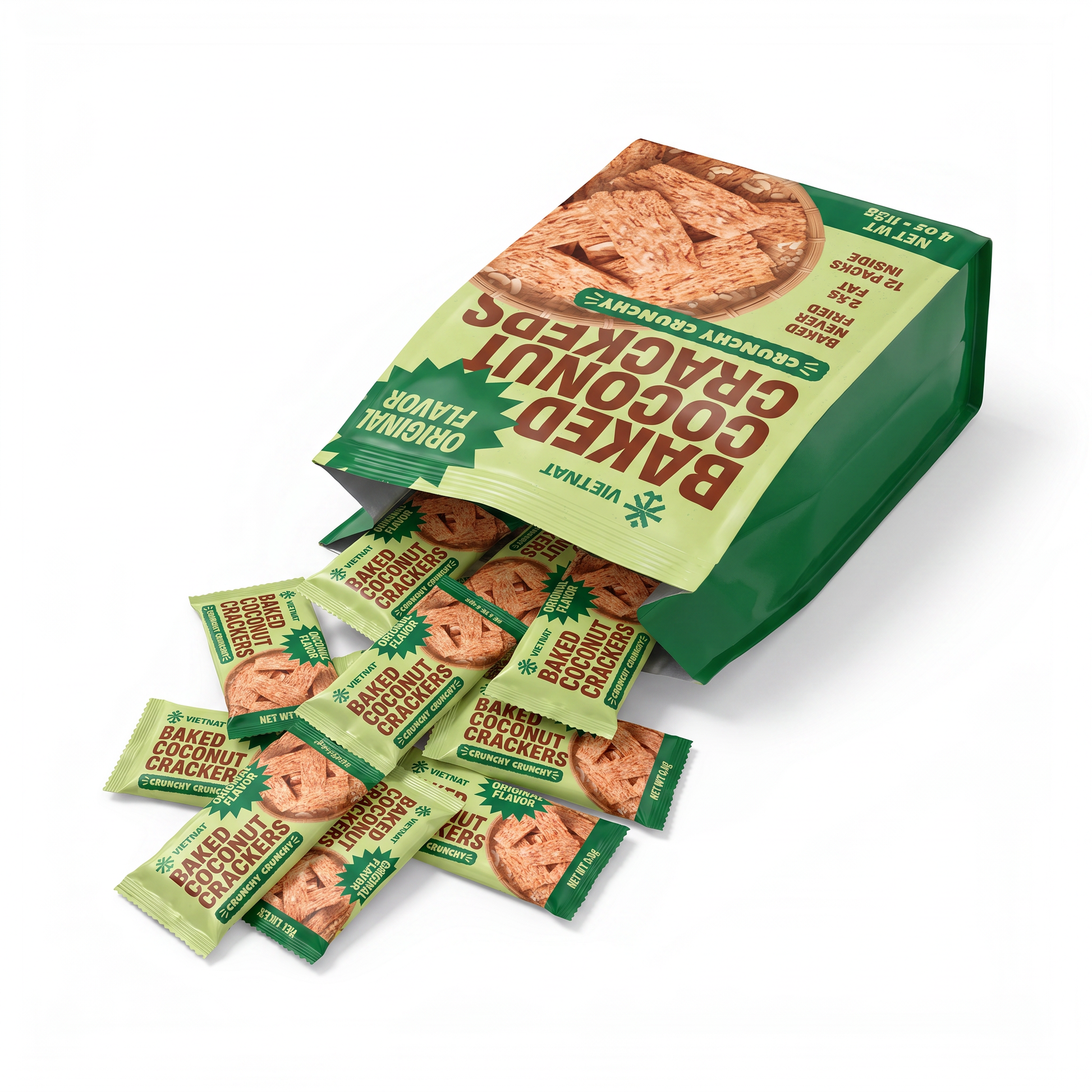 Twelve sealed single-serve sachets tipped out of one 4 oz bag