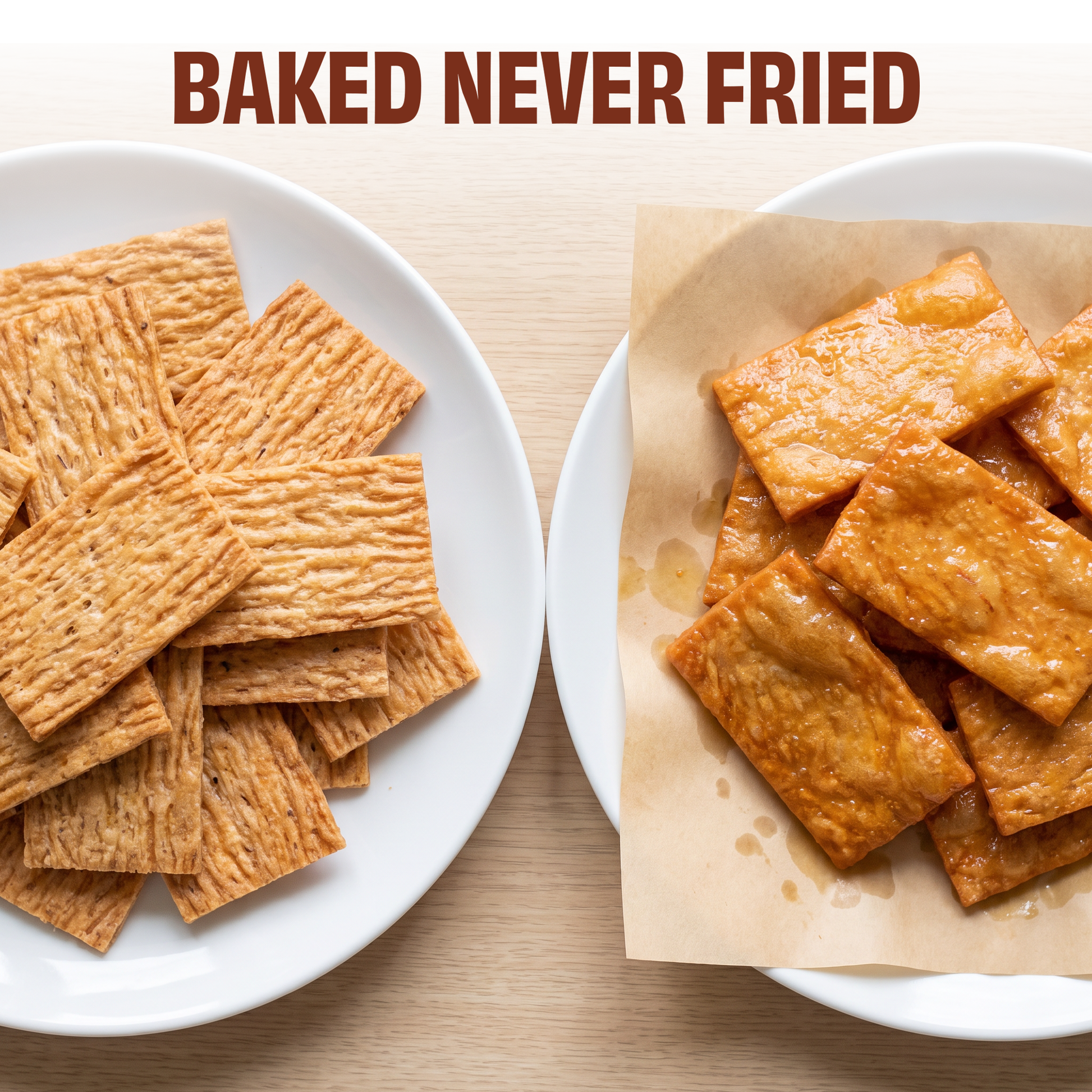 Baked crackers on a plate next to oily fried crackers on paper
