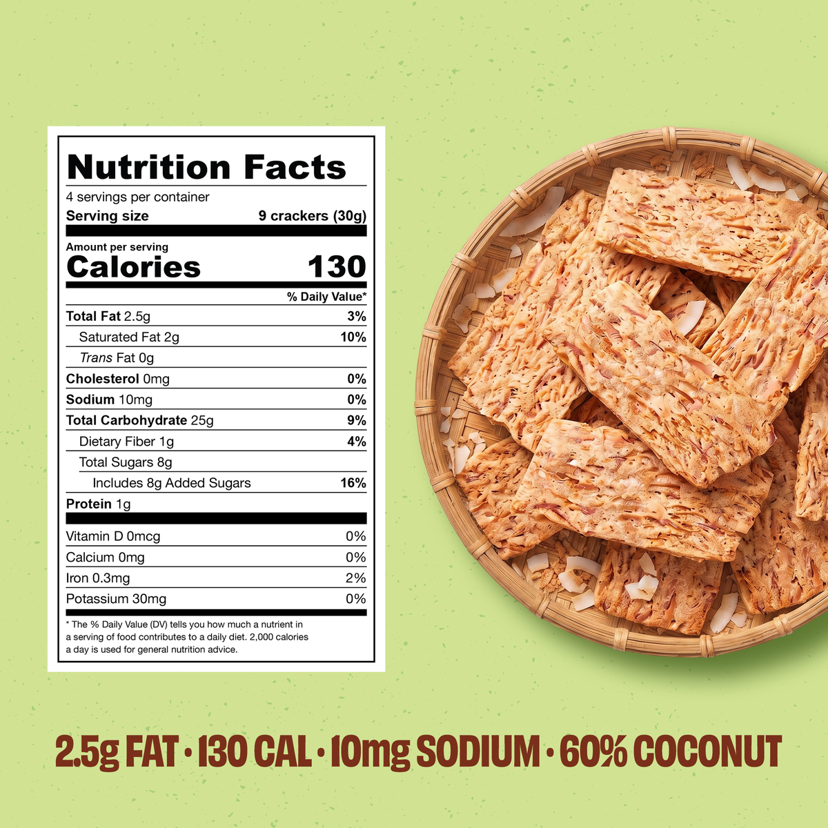 Nutrition Facts panel: 130 calories, 2.5 g fat, 10 mg sodium per 9 crackers