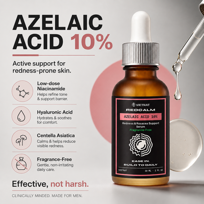 VIETNAT REDCALM Azelaic Acid 10% Serum for Men - Redness & Rosacea Support Face Serum with Niacinamide & Centella, Fragrance-Free for Sensitive Skin, 1 fl oz