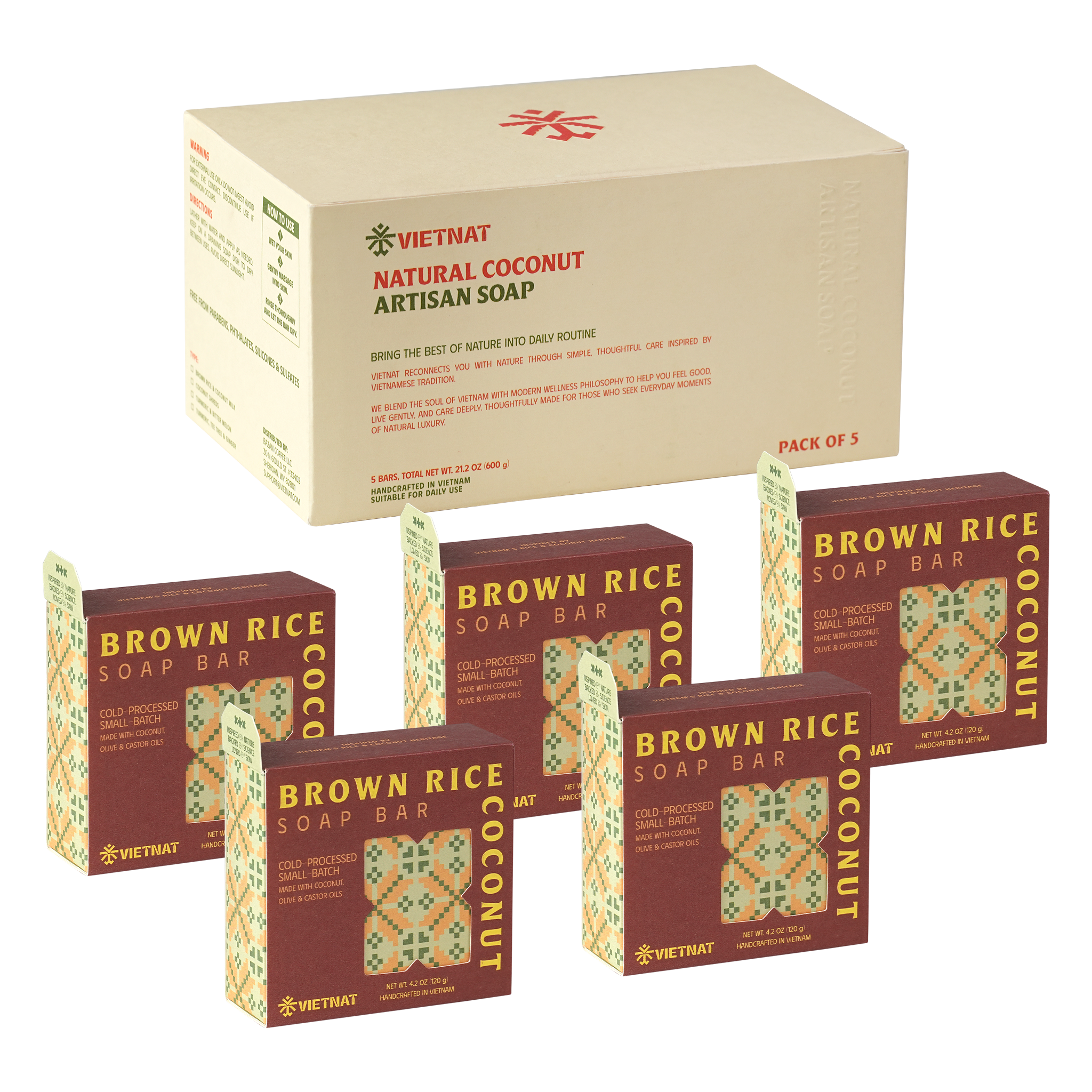 VIETNAT Brown Rice & Coconut Milk Soap Bar (4.2 oz) (120g) - Smoothing Exfoliating Body Soap for Arms & Legs - Cold Process Handmade Bars with Coconut Oil, Made in Vietnam