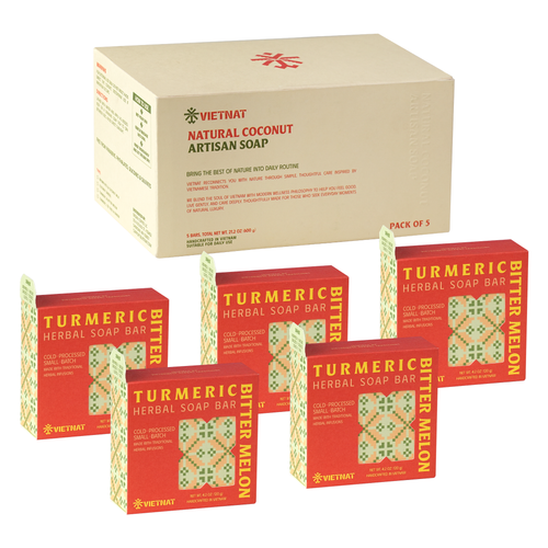 VIETNAT Turmeric & Bitter Melon 2-in-1 Luxurious Natural Soap Bar 4.2 oz (120g) | Refreshing Cleanse for Sweat, Oil & Buildup | Cooling Lemongrass Peppermint | Cold Process | Handmade in Vietnam