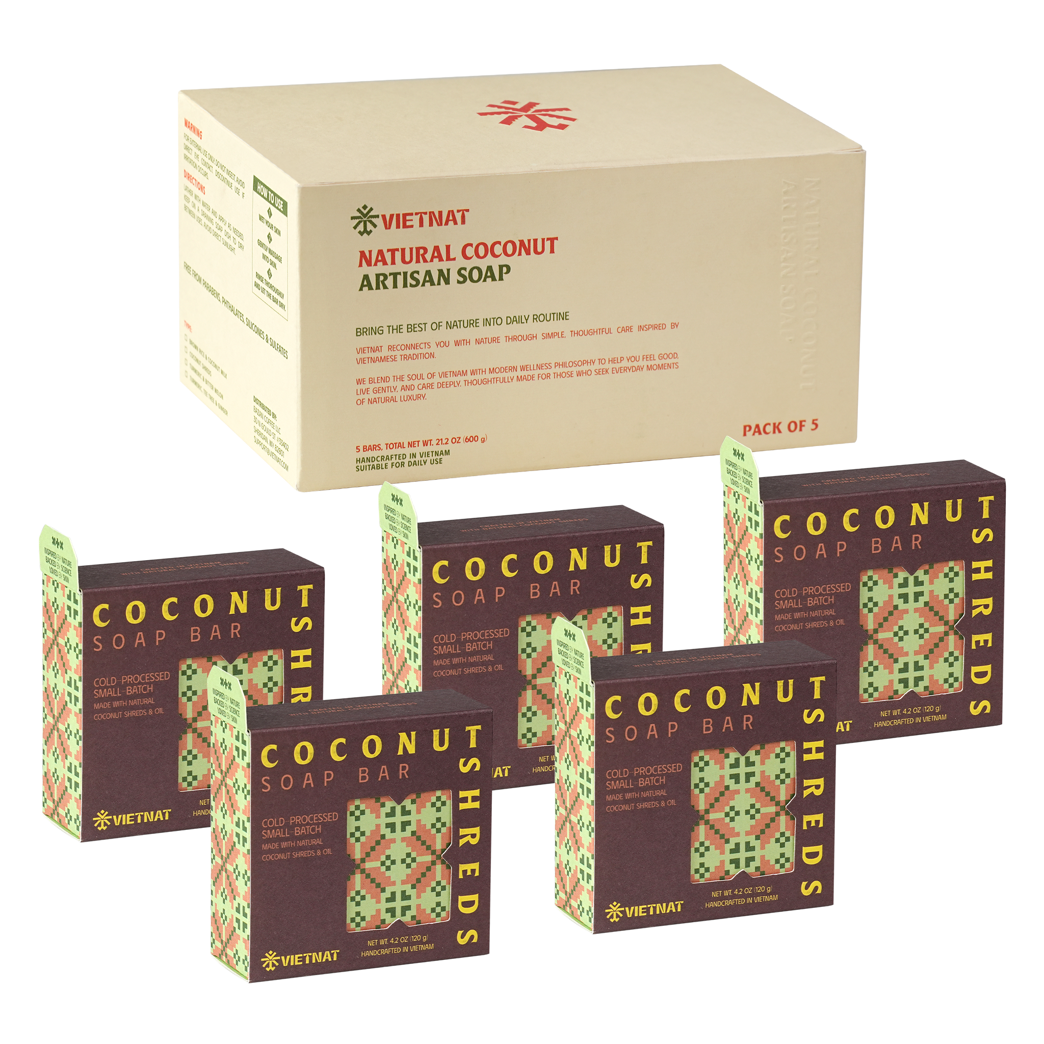 VIETNAT Coconut Shreds Soap Bar 4.2 oz (120g) 2-in-1 Exfoliating Body Soap for Dry, Rough & Strawberry Skin Texture - Creamy Coconut Lather - Cold Process Handmade in Vietnam