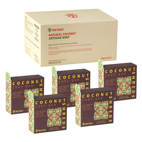 VIETNAT Coconut Shreds Soap Bar 4.2 oz (120g) 2-in-1 Exfoliating Body Soap for Dry, Rough & Strawberry Skin Texture - Creamy Coconut Lather - Cold Process Handmade in Vietnam