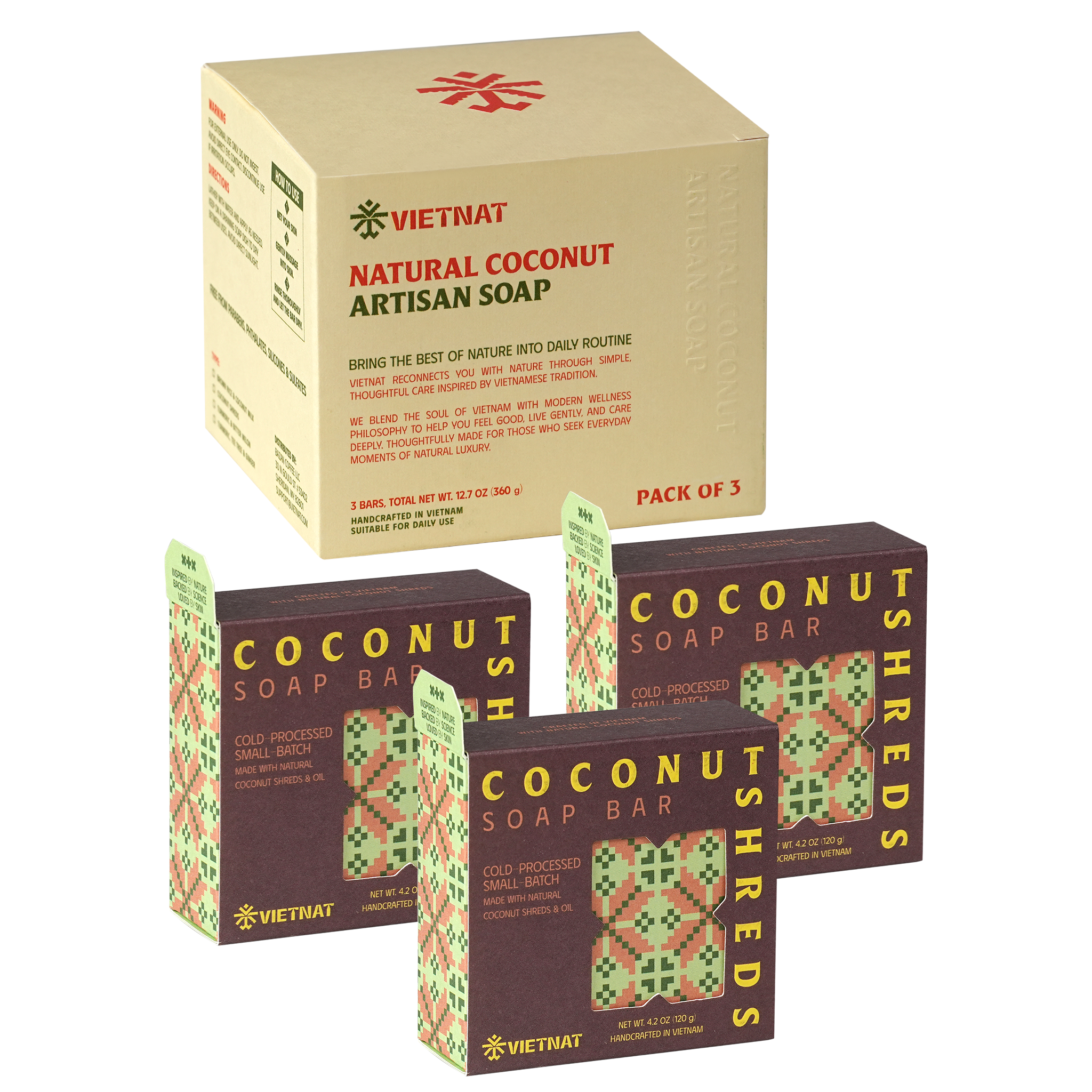 VIETNAT Coconut Shreds Soap Bar 4.2 oz (120g) 2-in-1 Exfoliating Body Soap for Dry, Rough & Strawberry Skin Texture - Creamy Coconut Lather - Cold Process Handmade in Vietnam