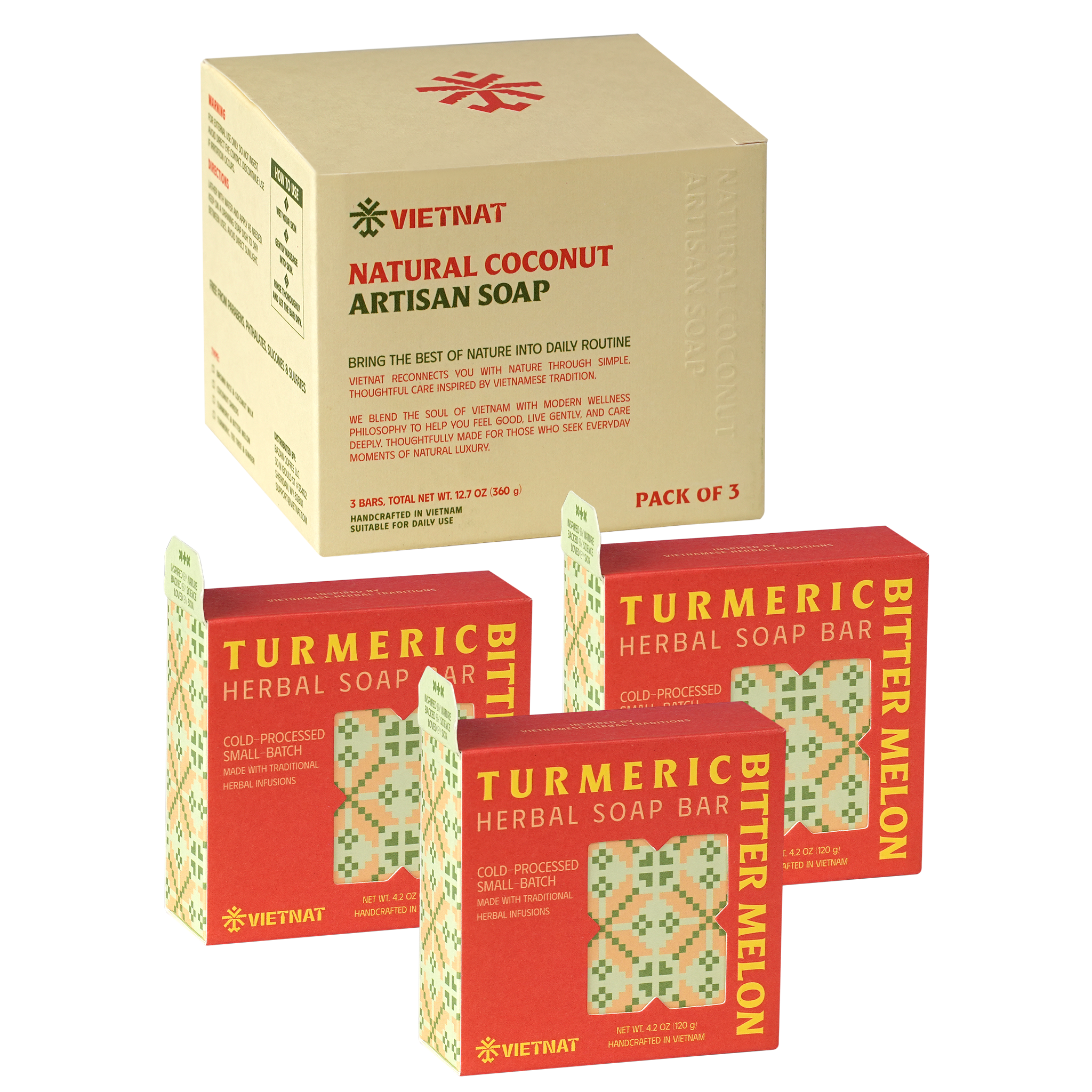 VIETNAT Turmeric & Bitter Melon 2-in-1 Luxurious Natural Soap Bar 4.2 oz (120g) | Refreshing Cleanse for Sweat, Oil & Buildup | Cooling Lemongrass Peppermint | Cold Process | Handmade in Vietnam