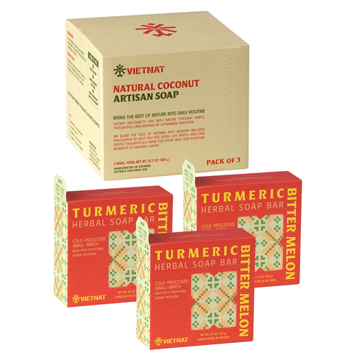 VIETNAT Turmeric & Bitter Melon 2-in-1 Luxurious Natural Soap Bar 4.2 oz (120g) | Refreshing Cleanse for Sweat, Oil & Buildup | Cooling Lemongrass Peppermint | Cold Process | Handmade in Vietnam