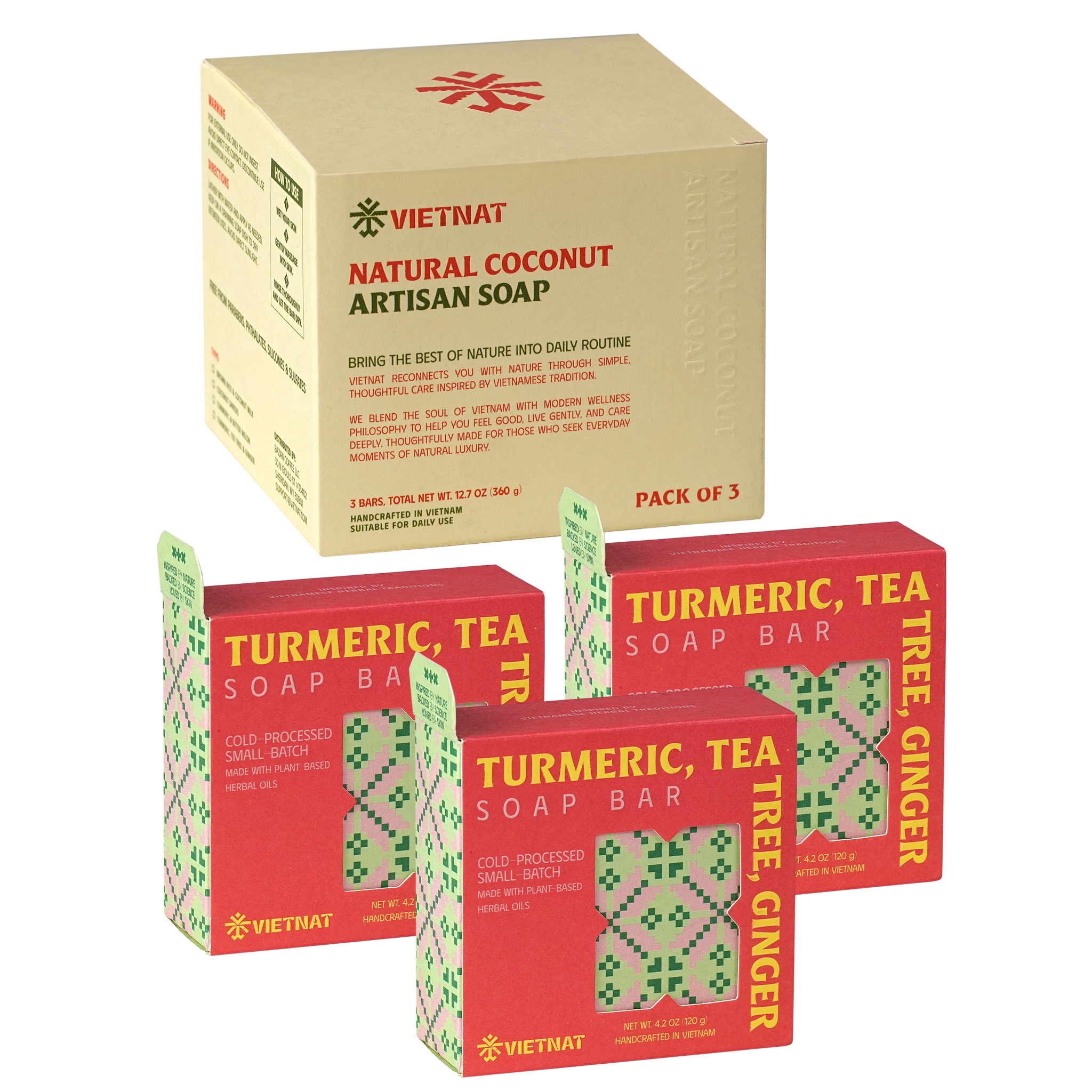 VIETNAT Turmeric Tea Tree Ginger Body Soap Bar 4.2 oz (120g) - Exfoliating Detox Cleanse for Back & Chest - Refreshing Lather - Cold Process Handmade