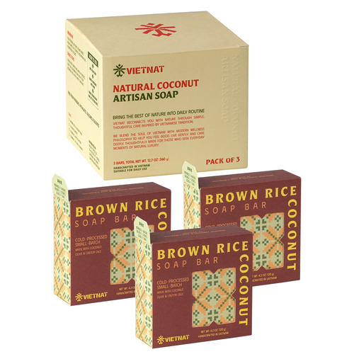 VIETNAT Brown Rice & Coconut Milk Soap Bar (4.2 oz) (120g) - Smoothing Exfoliating Body Soap for Arms & Legs - Cold Process Handmade Bars with Coconut Oil, Made in Vietnam