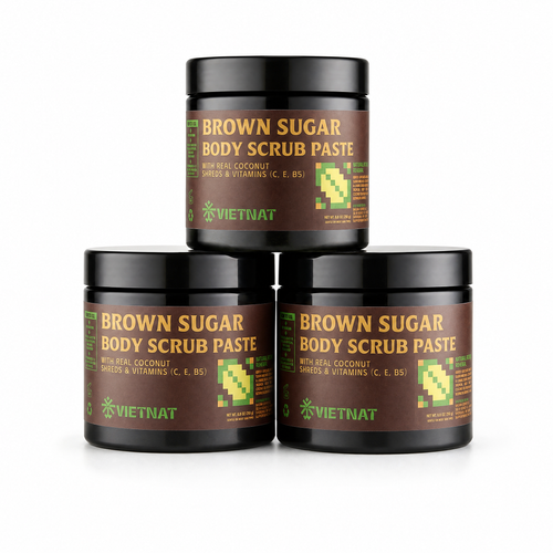 VIETNAT Brown Sugar Body Scrub 8.8 oz (250g) - Exfoliating Scrub with Coconut Shreds & Vitamins C, E & B5 - Smooths Rough Texture for Softer-Looking Skin - Clean-Rinse Paste