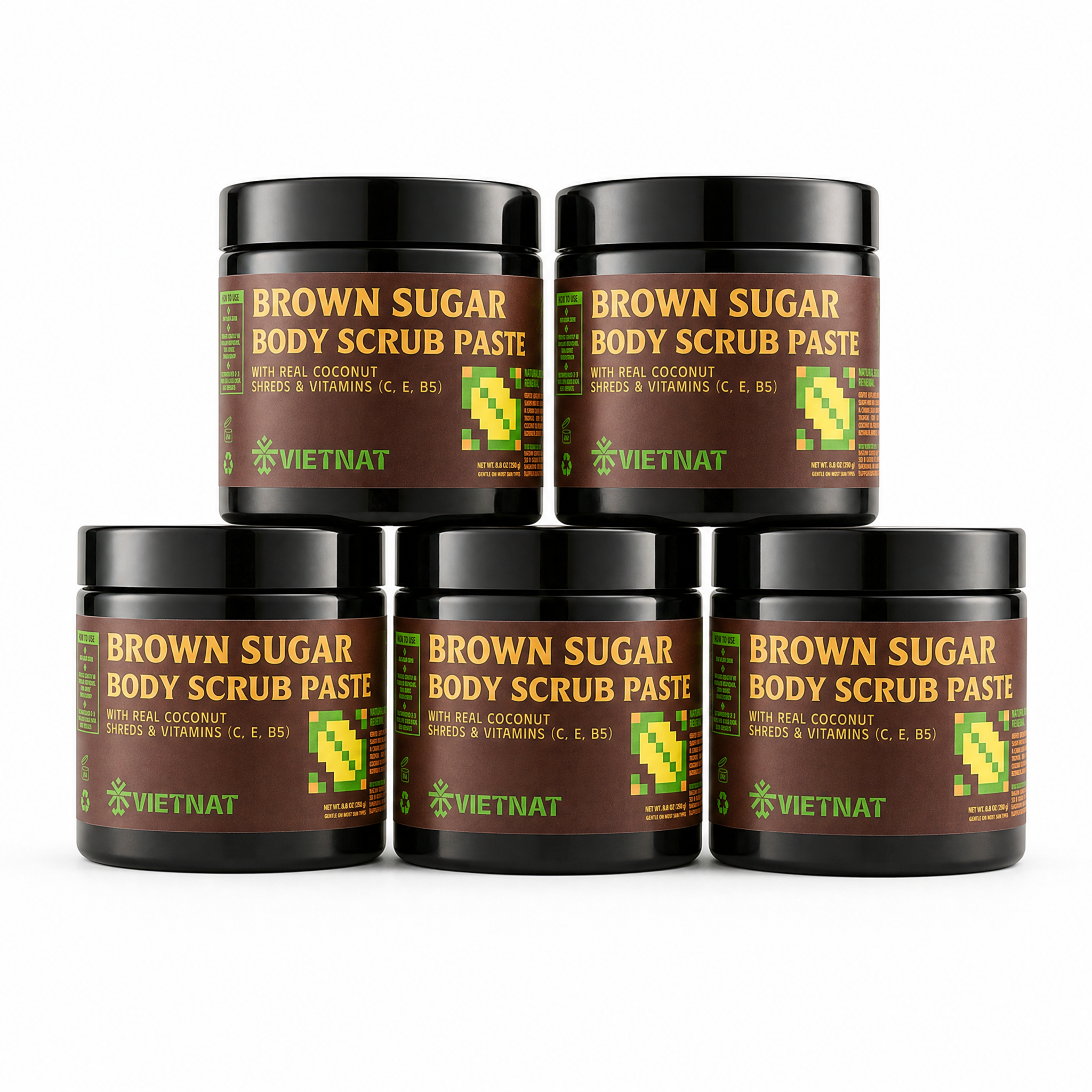 VIETNAT Brown Sugar Body Scrub 8.8 oz (250g) - Exfoliating Scrub with Coconut Shreds & Vitamins C, E & B5 - Smooths Rough Texture for Softer-Looking Skin - Clean-Rinse Paste