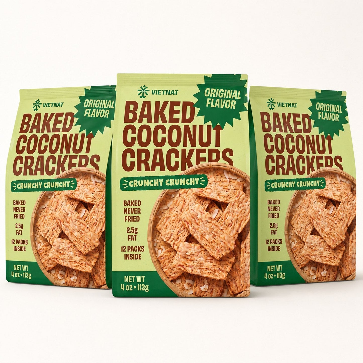 Three 4 oz bags of VIETNAT Baked Coconut Crackers Original Flavor — what you receive