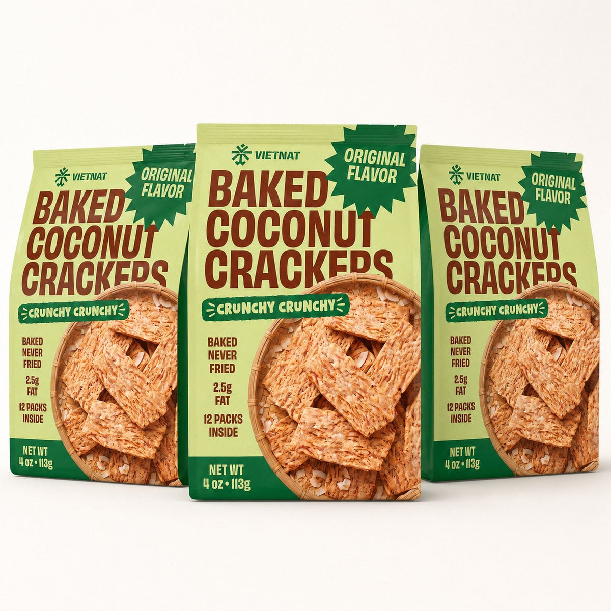 Three 4 oz bags of VIETNAT Baked Coconut Crackers Original Flavor — what you receive