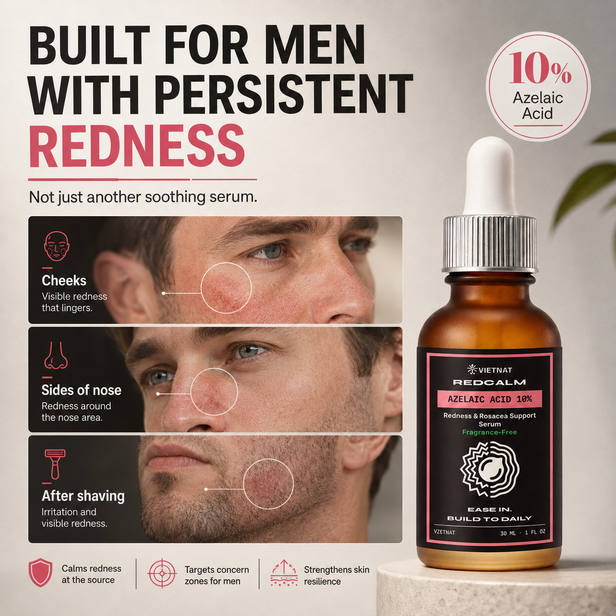 VIETNAT REDCALM Azelaic Acid 10% Serum for Men - Redness & Rosacea Support Face Serum with Niacinamide & Centella, Fragrance-Free for Sensitive Skin, 1 fl oz