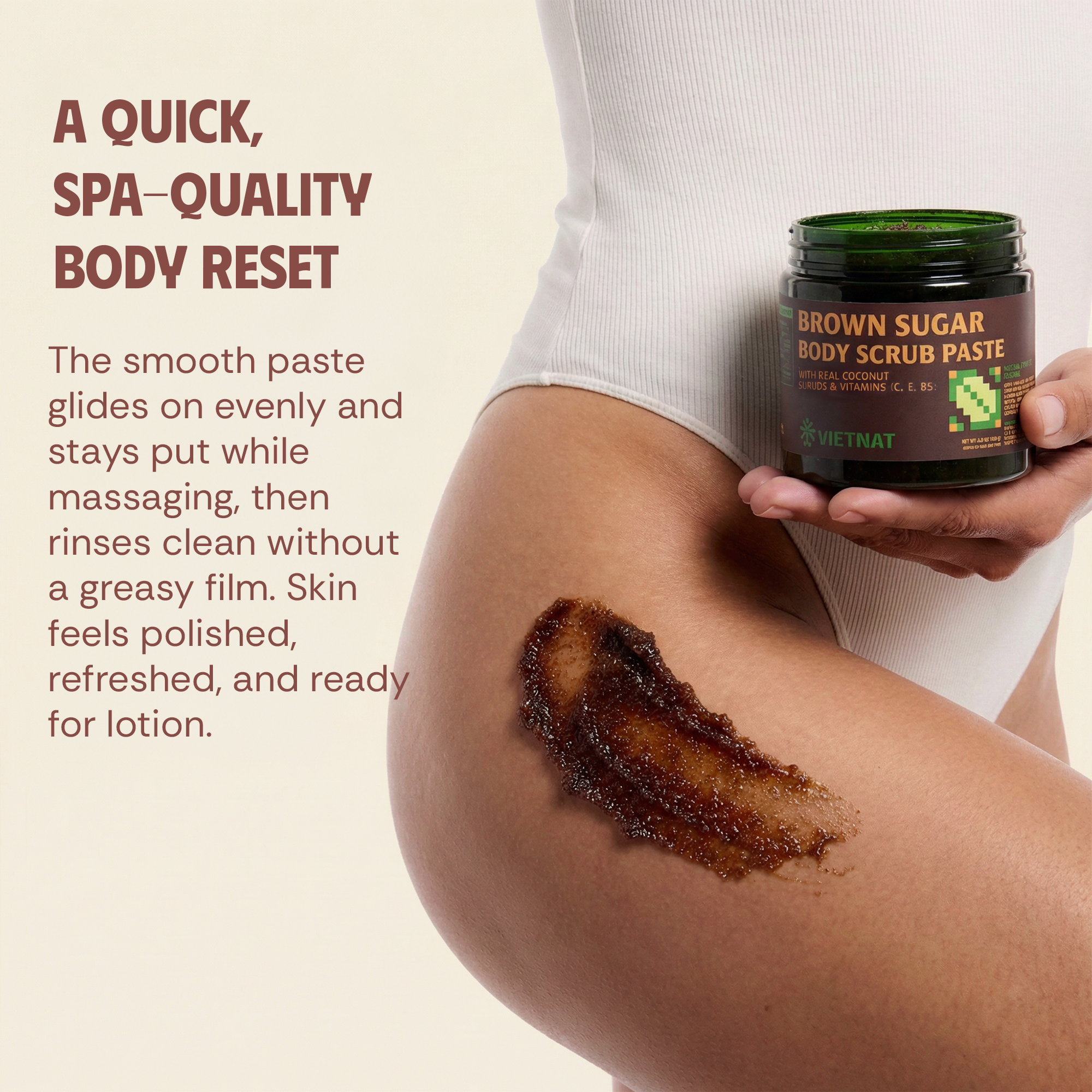 VIETNAT Brown Sugar Body Scrub 8.8 oz (250g) - Exfoliating Scrub with Coconut Shreds & Vitamins C, E & B5 - Smooths Rough Texture for Softer-Looking Skin - Clean-Rinse Paste