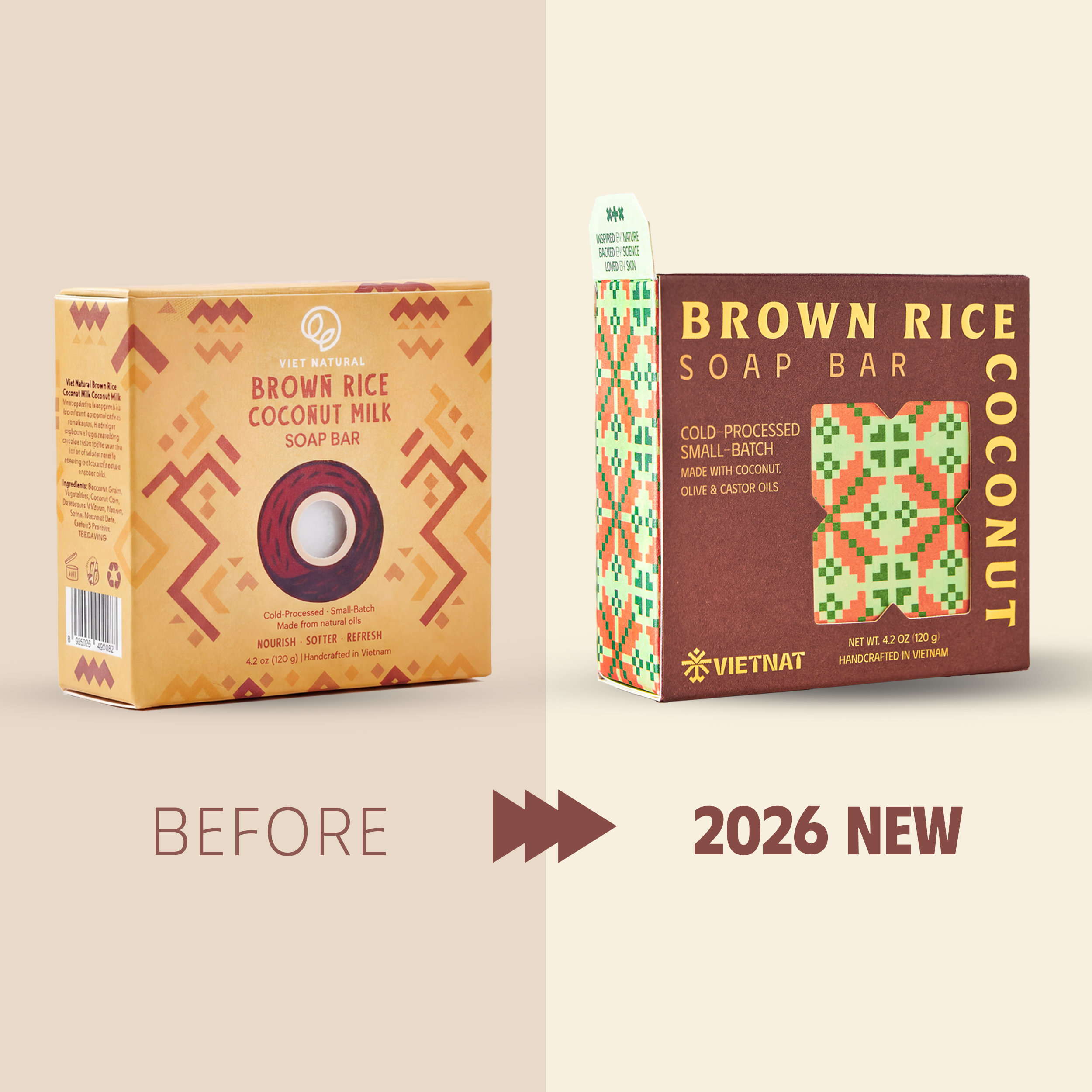 VIETNAT Brown Rice & Coconut Milk Soap Bar (4.2 oz) (120g) - Smoothing Exfoliating Body Soap for Arms & Legs - Cold Process Handmade Bars with Coconut Oil, Made in Vietnam