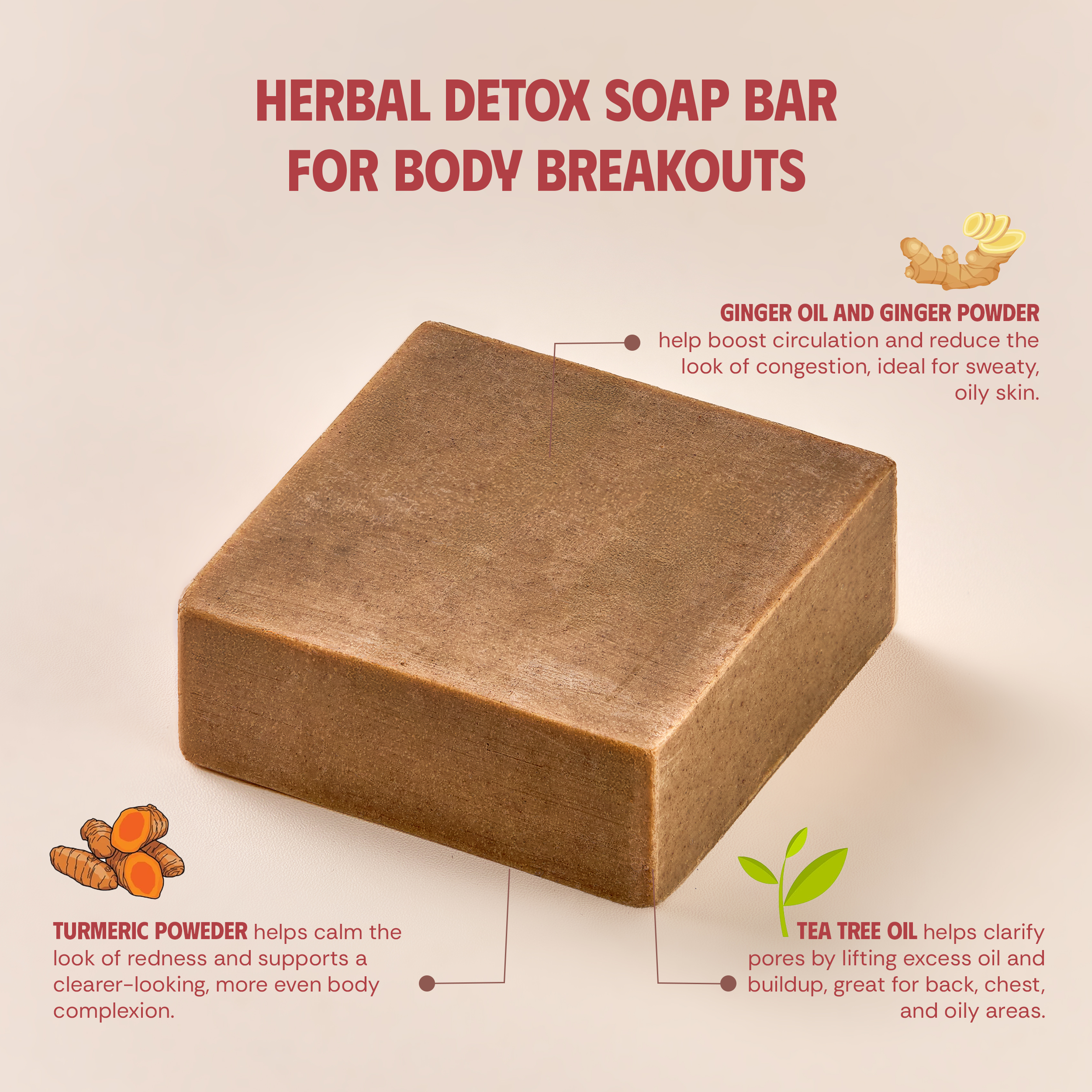 VIETNAT Turmeric Tea Tree Ginger Body Soap Bar 4.2 oz (120g) - Exfoliating Detox Cleanse for Back & Chest - Refreshing Lather - Cold Process Handmade