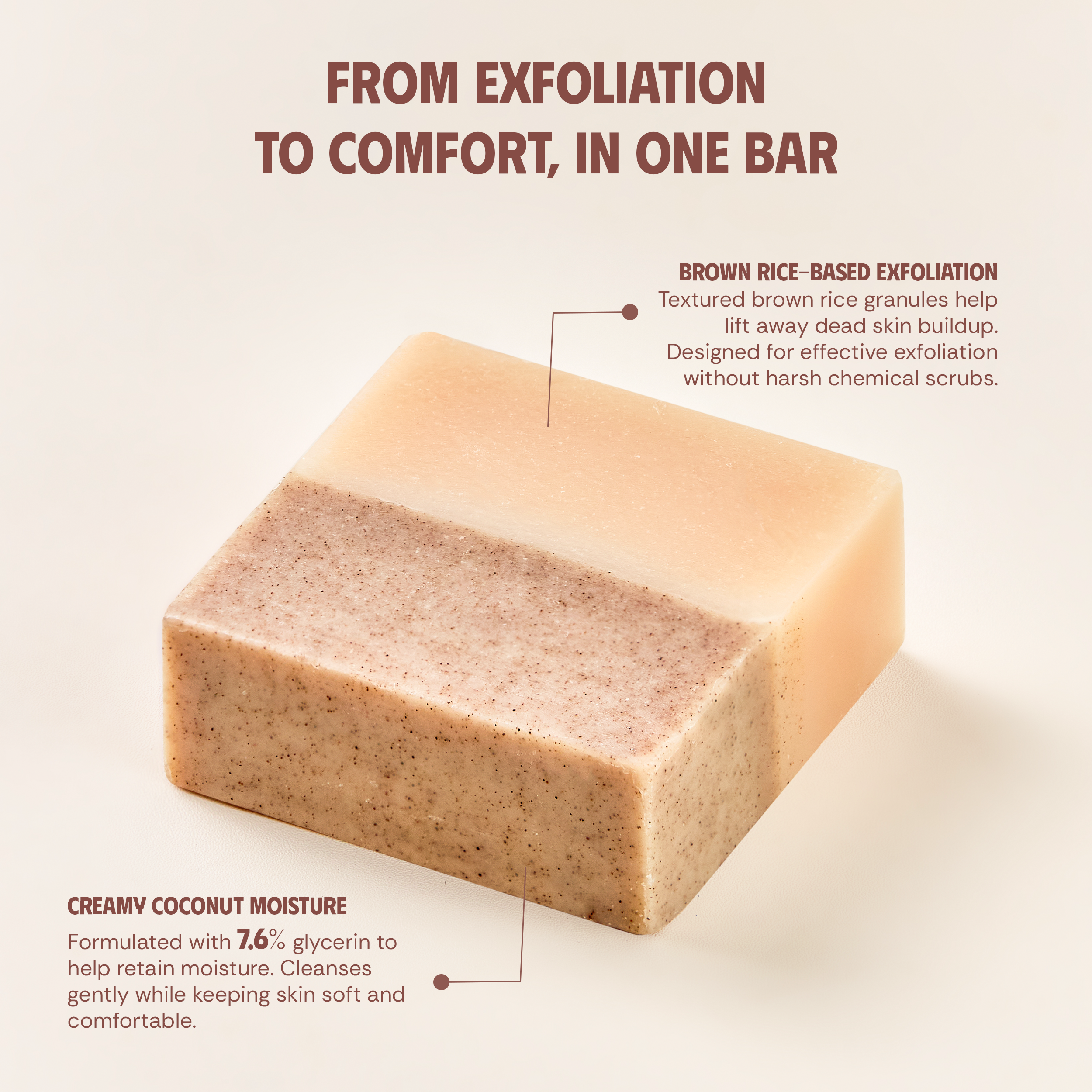 VIETNAT Brown Rice & Coconut Milk Soap Bar (4.2 oz) (120g) - Smoothing Exfoliating Body Soap for Arms & Legs - Cold Process Handmade Bars with Coconut Oil, Made in Vietnam