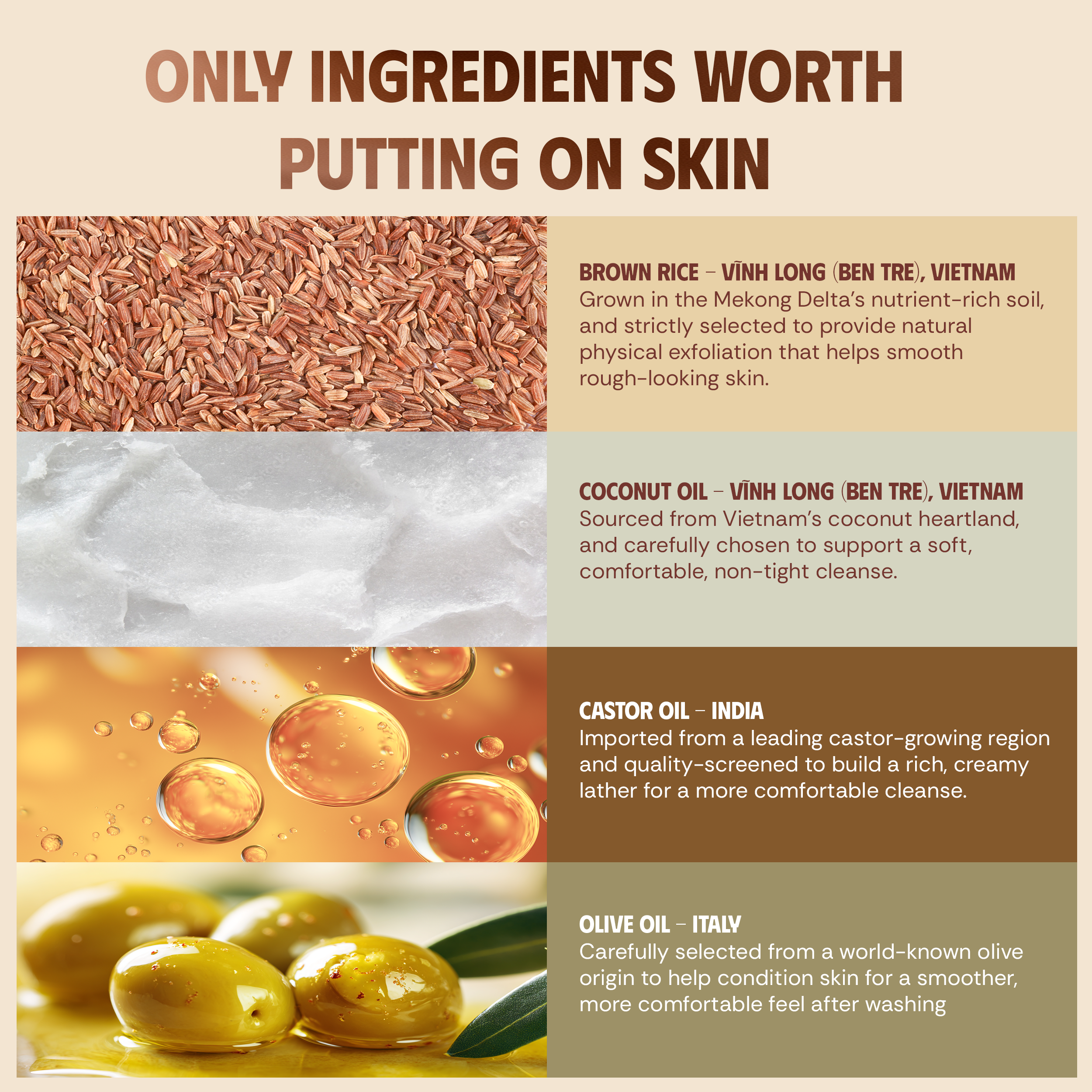 VIETNAT Brown Rice & Coconut Milk Soap Bar (4.2 oz) (120g) - Smoothing Exfoliating Body Soap for Arms & Legs - Cold Process Handmade Bars with Coconut Oil, Made in Vietnam