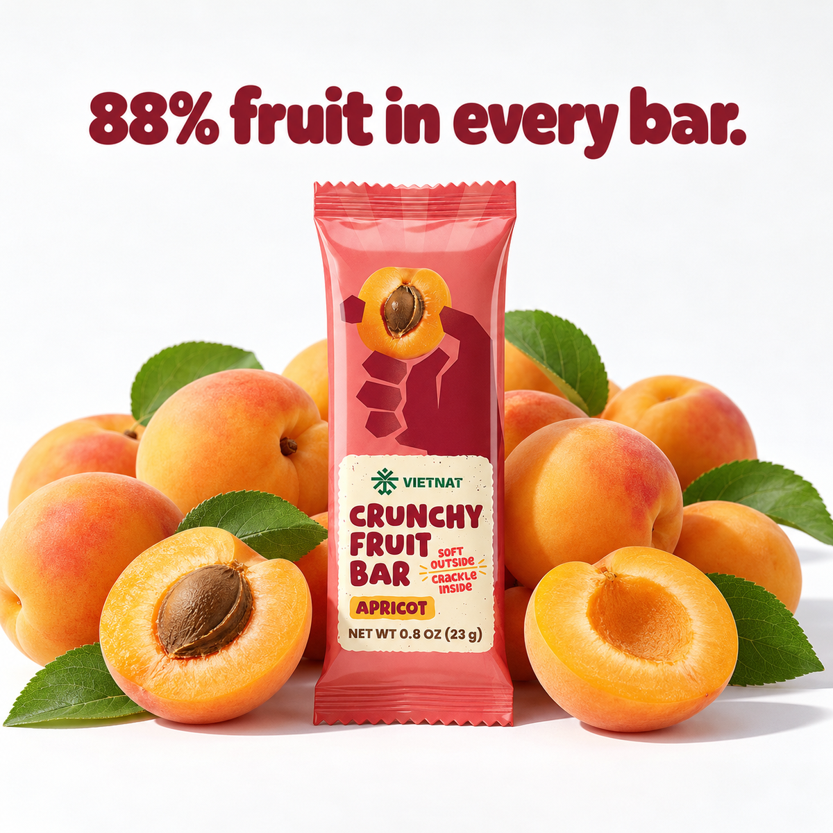 Crunchy Fruit Bar Apricot — wrapped bar beside fresh fruit, 88% fruit in every bar
