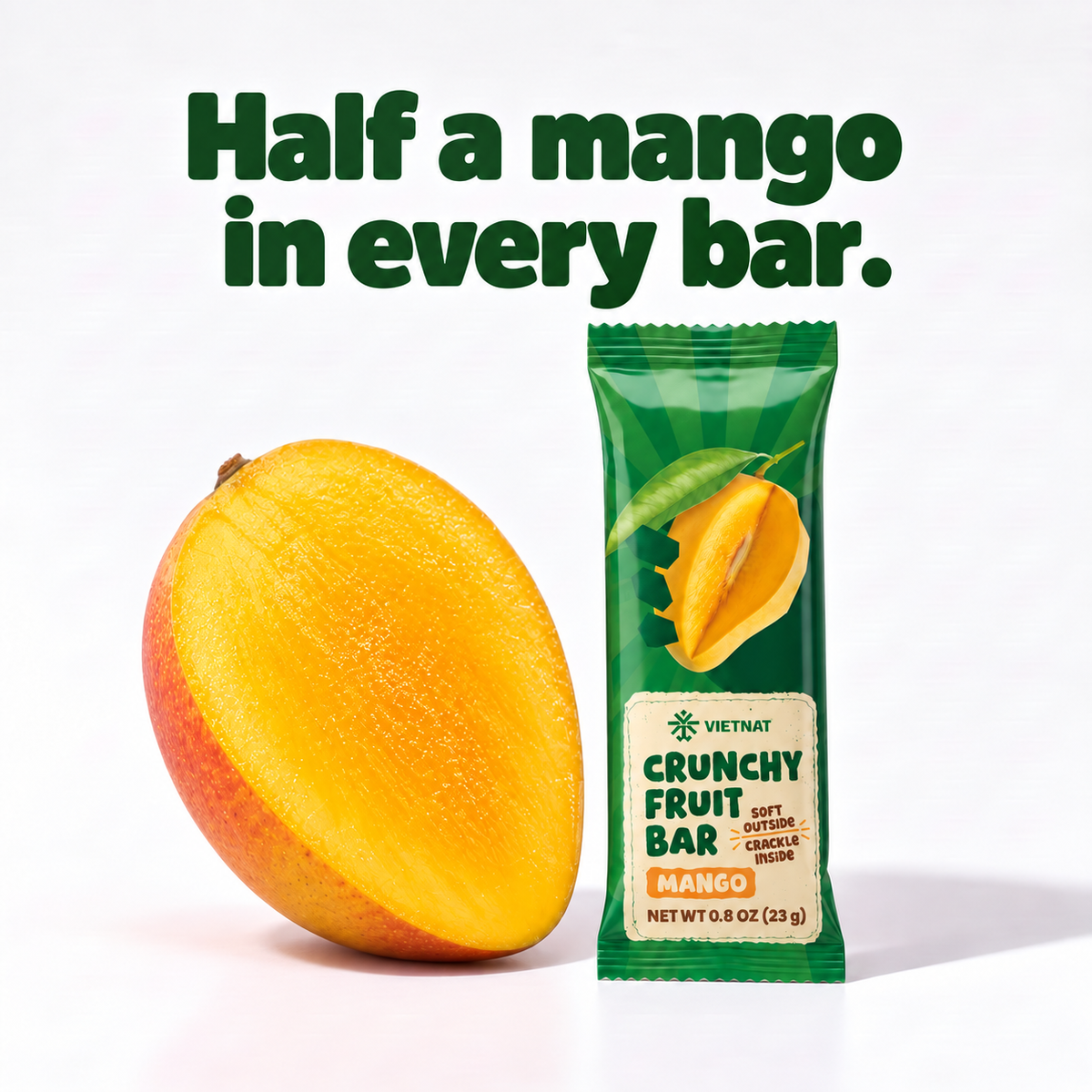 Crunchy Fruit Bar Mango — wrapped bar next to half a fresh mango