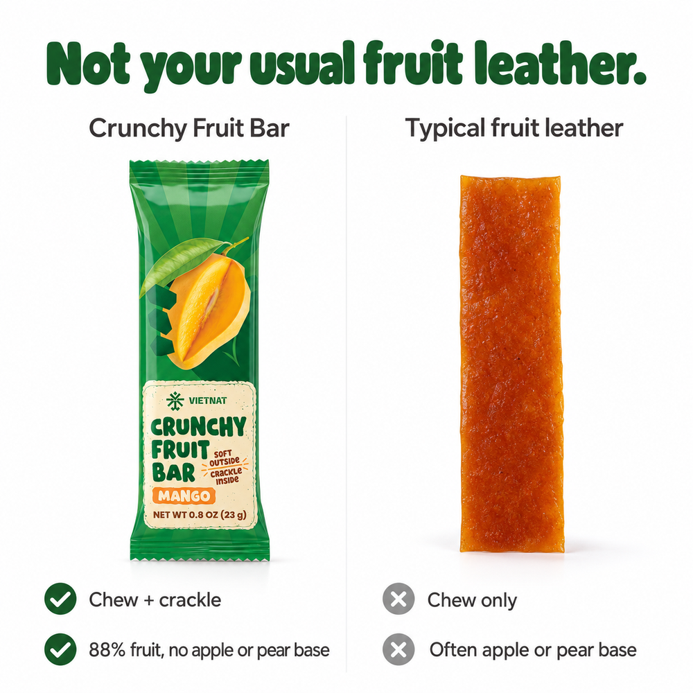 Crunchy Fruit Bar Mango — comparison with typical fruit leather
