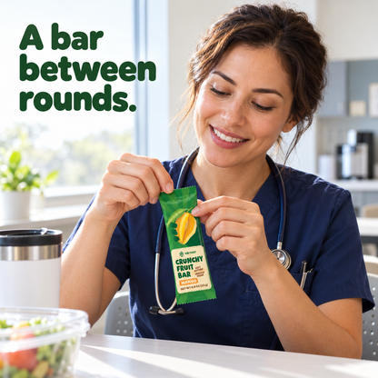 Crunchy Fruit Bar Mango — nurse holding the wrapped bar on a break