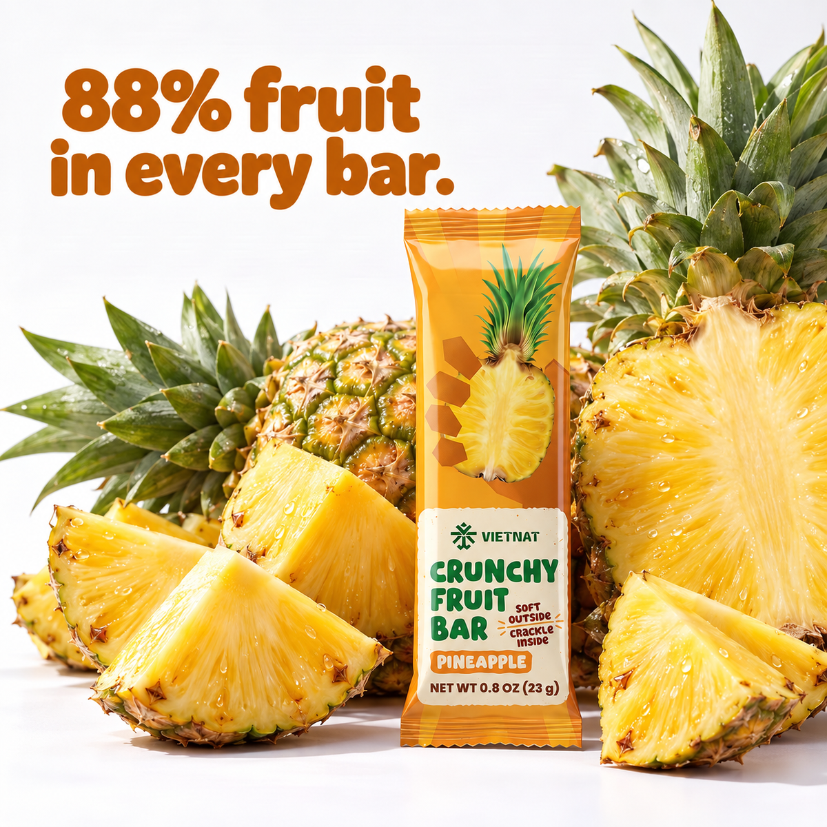 Crunchy Fruit Bar Pineapple — wrapped bar beside fresh fruit, 88% fruit in every bar