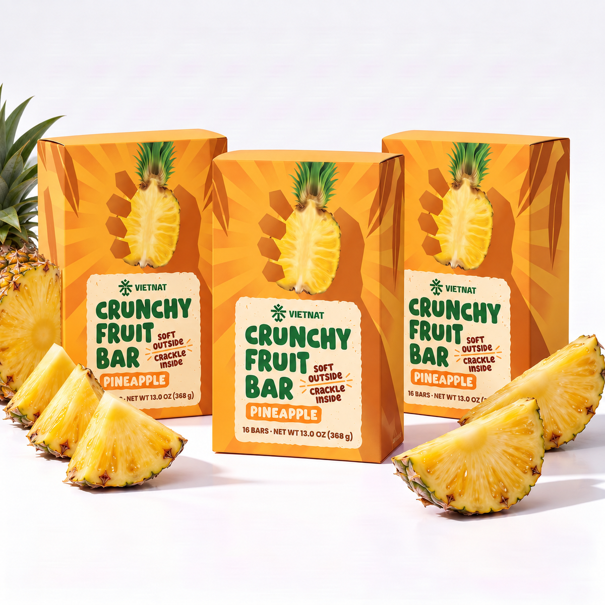 Crunchy Fruit Bar Pineapple — three boxes