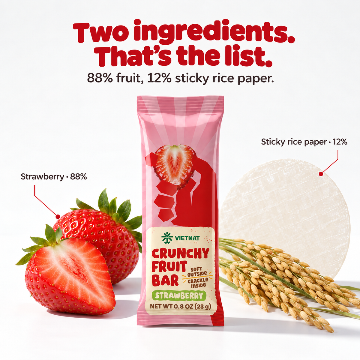 Crunchy Fruit Bar Strawberry — wrapped bar with fresh fruit, rice stalks and rice paper